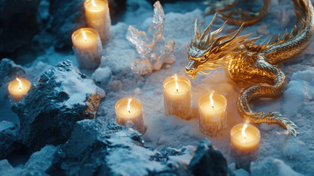 A stunning golden dragon lies among glowing candles and sparkling crystals, set against a snowy backdrop. This enchanting scene evokes magic and tranquility.の素材