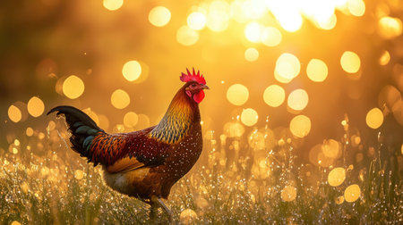 A vibrant rooster stands proudly in a sunlit meadow, surrounded by sparkling dew and bokeh lights. This serene scene captures the essence of rural beauty and wildlife.の素材