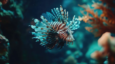 A vibrant lionfish glides through a colorful coral reef, showcasing its majestic fins and unique patterns. An exquisite view of underwater life.の素材
