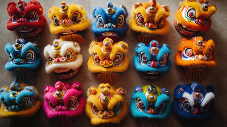 A stunning array of colorful lion dance masks showcases traditional artistry and cultural expression, perfect for festivals, performances, and celebrations.の素材