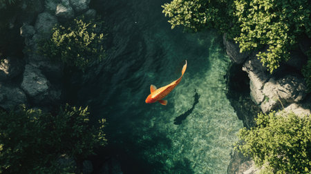 A breathtaking aerial view showcases a vibrant koi fish gracefully swimming in clear water, surrounded by lush greenery, creating a serene natural scene.の素材