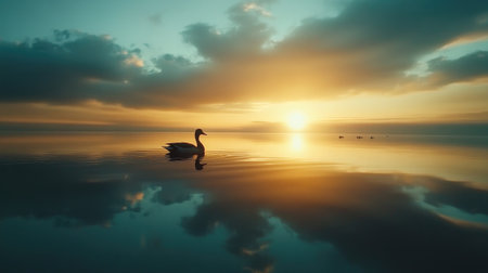 A tranquil sunset over a calm lake featuring a graceful swan gliding through the water, with stunning reflections set against a colorful sky.の素材