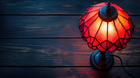 A captivating vintage red glass table lamp casts a warm glow on a rustic wooden table, creating a cozy and inviting atmosphere perfect for any home decor.の素材