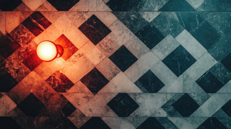 A visually striking image of a checkerboard pattern with a soft light source. This contemporary floor design features dark and light tiles, creating a warm ambiance.の素材