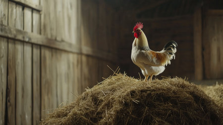 A proud rooster stands atop a hay bale in a rustic barn setting. The warm light highlights its colorful feathers, creating a serene farm atmosphere.の素材