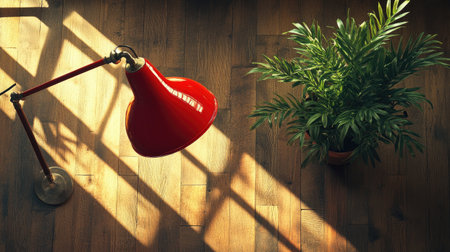 A bright red lamp casts warm light over a lush green plant on a wooden floor. The interplay of shadows and sunlight creates a cozy and inviting atmosphere.の素材