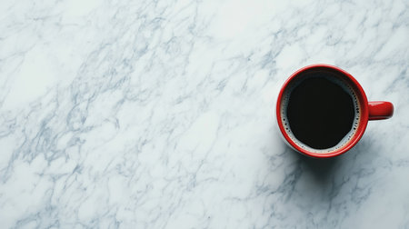 A captivating image of black coffee in a vibrant red cup placed on a sleek marble surface. The natural light enhances the scene, perfect for coffee lovers.の素材