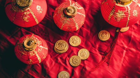 This vibrant composition features red lanterns and shiny coins on rich red fabric, symbolizing prosperity and joy during festive celebrations. Perfect for cultural themes.の素材
