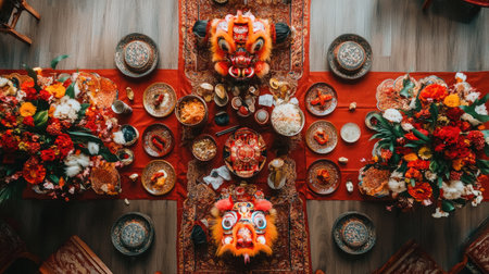 A stunning overhead view of a festive gathering featuring a lion dance setup adorned with vibrant flowers and traditional delicacies, celebrating cultural heritage.の素材