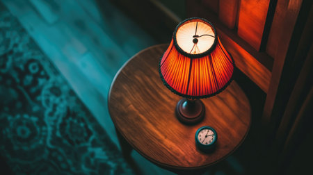 A cozy scene featuring a vintage lamp and clock on a wooden table, radiating warm light in a dimly lit room, capturing a peaceful ambiance perfect for relaxation.の素材