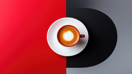 A striking image of a coffee cup showcasing heart latte art, set against a bold red and black background. Perfect for beverage and food themes.の素材