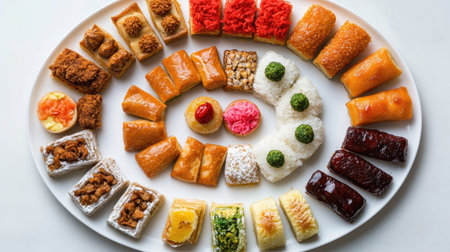 A vibrant assortment of Middle Eastern desserts elegantly arranged on a white plate, showcasing traditional sweets in various colors, textures, and shapes that invite indulgence.の素材