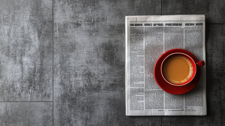 A serene flat lay of a red coffee cup resting on an open newspaper against a textured grey background. Perfect for conveying relaxation and morning routines.の素材