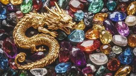 A stunning golden dragon sculpture showcased on a bed of colorful gemstones. This eye-catching piece highlights luxury and creativity, perfect for artistic decor.の素材