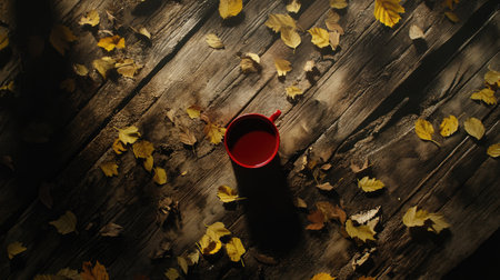 A vibrant red coffee cup sits on a rustic wooden table, surrounded by fallen autumn leaves. This cozy scene captures the essence of warmth and tranquility.の素材
