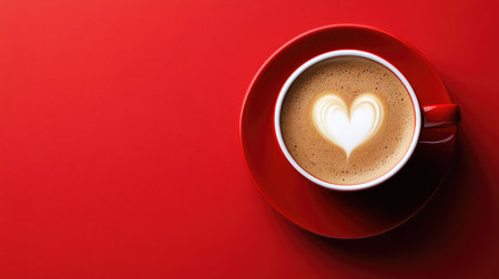 A close-up view of a heart-shaped latte art in a red cup, set against a vibrant red background, evoking warmth and comfort, perfect for coffee lovers.の素材