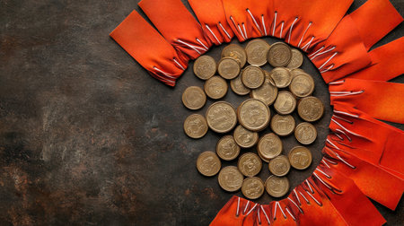 A creative arrangement of coins surrounded by vibrant red paper tags on a dark surface, symbolizing finance, economy, and wealth. Perfect for various commercial uses.の素材