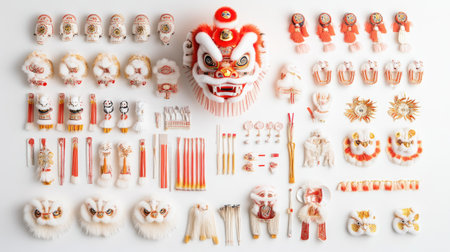 A vibrant collection of traditional Chinese lion dance props and accessories showcases intricate craftsmanship and cultural significance. Perfect for festival themes.の素材
