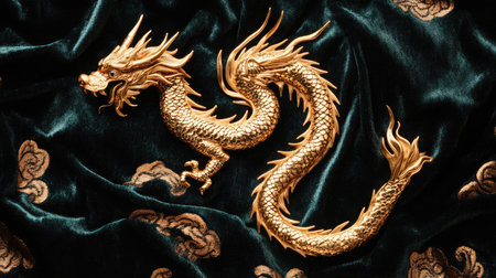 This stunning golden dragon sculpture rests elegantly on rich velvet fabric. The intricate details and luxurious design make it a perfect artistic piece for decor.の素材