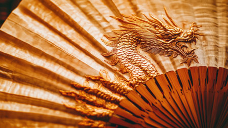 This stunning image showcases a golden dragon design on a beautifully folded fan, representing cultural heritage and artistic craftsmanship in an elegant display.の素材