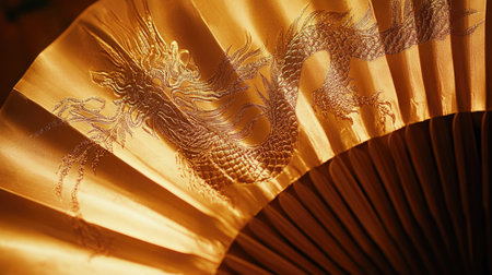This image features an elegant golden fan showcasing a stunning dragon design, beautifully illuminated by soft warm light. Ideal for showcasing artistry and tradition.の素材