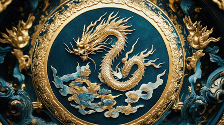 A stunning artwork featuring a golden dragon relief on a rich blue background. This intricate design showcases the beauty of mythology and artistry.の素材