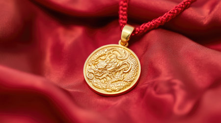 A stunning golden dragon pendant set against a rich red satin background. This jewelry piece highlights intricate details, symbolizing power and elegance.の素材
