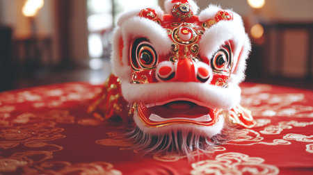 A traditional lion dance mask showcases intricate details on vibrant red silk fabric, symbolizing culture and celebration during festive events and performances.の素材