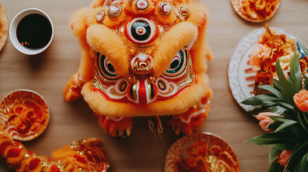 A vibrant orange lion dance costume displayed on a table with tea and festive decorations, showcasing cultural richness and celebration during traditional events.の素材