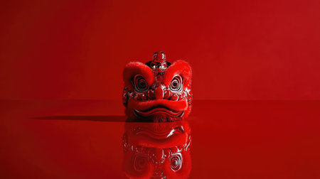 This striking image features a vibrant red lion dance mask that reflects beautifully on a smooth surface, symbolizing cultural celebration and tradition.の素材