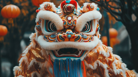 A vibrant lion dance costume displays intricate details and colors during a cultural festival, showcasing the rich traditions and joyful spirit of celebration.の素材