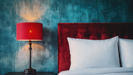 A stylish bedroom featuring a red lamp and a plush bedhead against a textured wall, creating a modern and cozy atmosphere perfect for relaxation.の素材