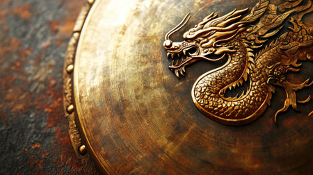 This image showcases an intricate bronze shield featuring a detailed dragon emblem, highlighting exquisite craftsmanship and rich textures. Perfect for art and design projects.の素材