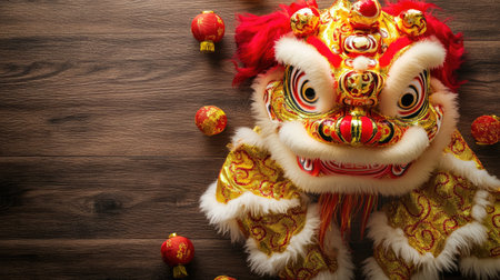 A stunning Chinese lion dance mask displayed on a wooden surface, surrounded by festive lanterns. This vibrant piece represents cultural heritage and celebration.の素材