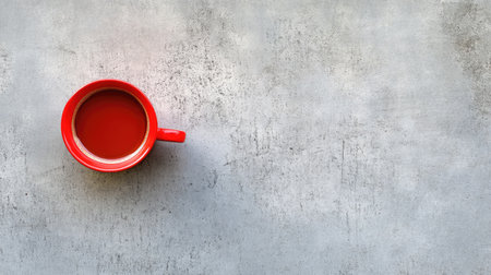 A bright red cup filled with coffee rests on a textured grey surface, evoking a feeling of warmth and comfort. Perfect for lifestyle photography.の素材