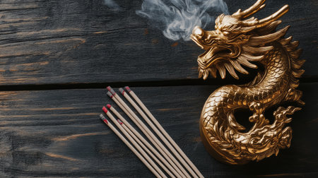 A golden dragon sculpture beside incense sticks and matches creates a serene atmosphere. The wooden surface enhances the artistic design, evoking tranquility and spirituality.の素材