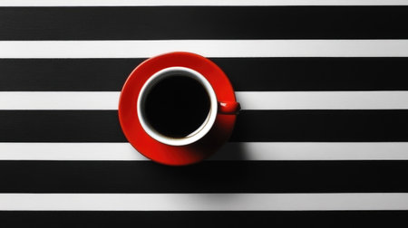 A striking composition featuring a red coffee cup on a black and white striped surface. This modern still life emphasizes contrast and minimalism, ideal for lifestyle and food photography.の素材