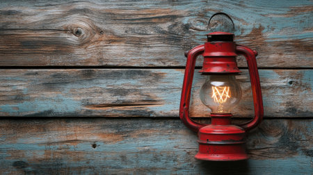 A charming vintage red lantern casts a warm glow against a weathered wooden background, adding rustic charm to any setting. Perfect for decor projects.の素材