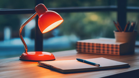 A cozy workspace featuring a red desk lamp illuminating a notepad and pen on a wooden table. Perfect for study or creative writing in a warm setting.の素材