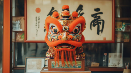 A vibrant lion dance head showcasing intricate craftsmanship, symbolizing cultural heritage and celebration. Perfect for cultural tourism and festive themes.の素材
