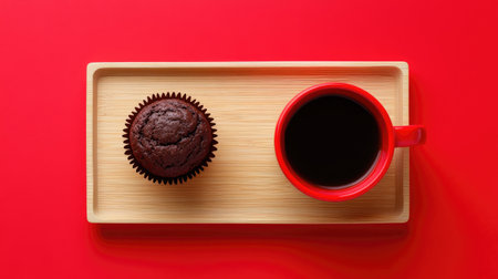 A visually appealing setup featuring a rich chocolate muffin alongside a steaming cup of coffee on a wooden tray, all set against a vibrant red background. Perfect for breakfast or a cozy snack.の素材