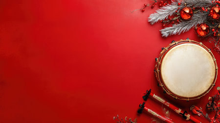 Bright red background featuring a tambourine, decorative ornaments, and festive greenery, ideal for capturing the essence of holiday celebrations and joy.の素材