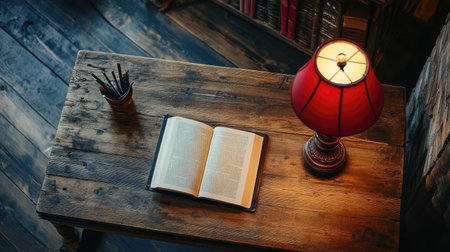 A serene reading nook featuring an open book on a rustic wooden table, accompanied by a warm, glowing lamp, perfect for relaxation and inspiration.の素材