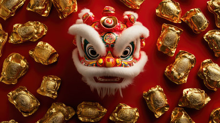 A striking Chinese lion dance mask stands out against a vibrant red background, surrounded by shimmering golden ingots, symbolizing wealth and celebration.の素材