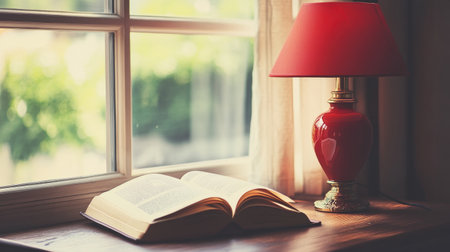 A beautifully arranged cozy reading corner featuring an open book beside a red lamp on a wooden table by the window, inviting calm and relaxation.の素材