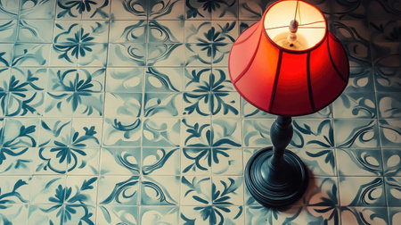 A vintage lamp casts a warm glow over decorative floor tiles, creating a cozy and inviting atmosphere in a beautifully designed interior space.の素材
