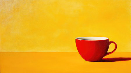 A vibrant red coffee cup sits elegantly on a warm yellow background, creating a cheerful and minimalistic still life. Perfect for modern decor themes.の素材