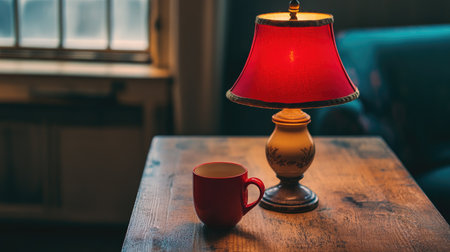 A cozy interior scene featuring a red lamp and a coffee cup on a wooden table. The warm light creates an inviting atmosphere perfect for relaxation and comfort.の素材