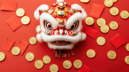 Capture the essence of celebration with this vibrant Chinese lion dance mask surrounded by gold coins and red envelopes, symbolizing prosperity and good fortune.の素材
