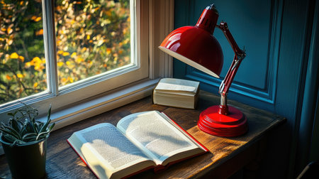A cozy corner featuring an open book beside a vibrant red desk lamp. Sunlight spills through the window, illuminating the space with warmth and tranquility.の素材